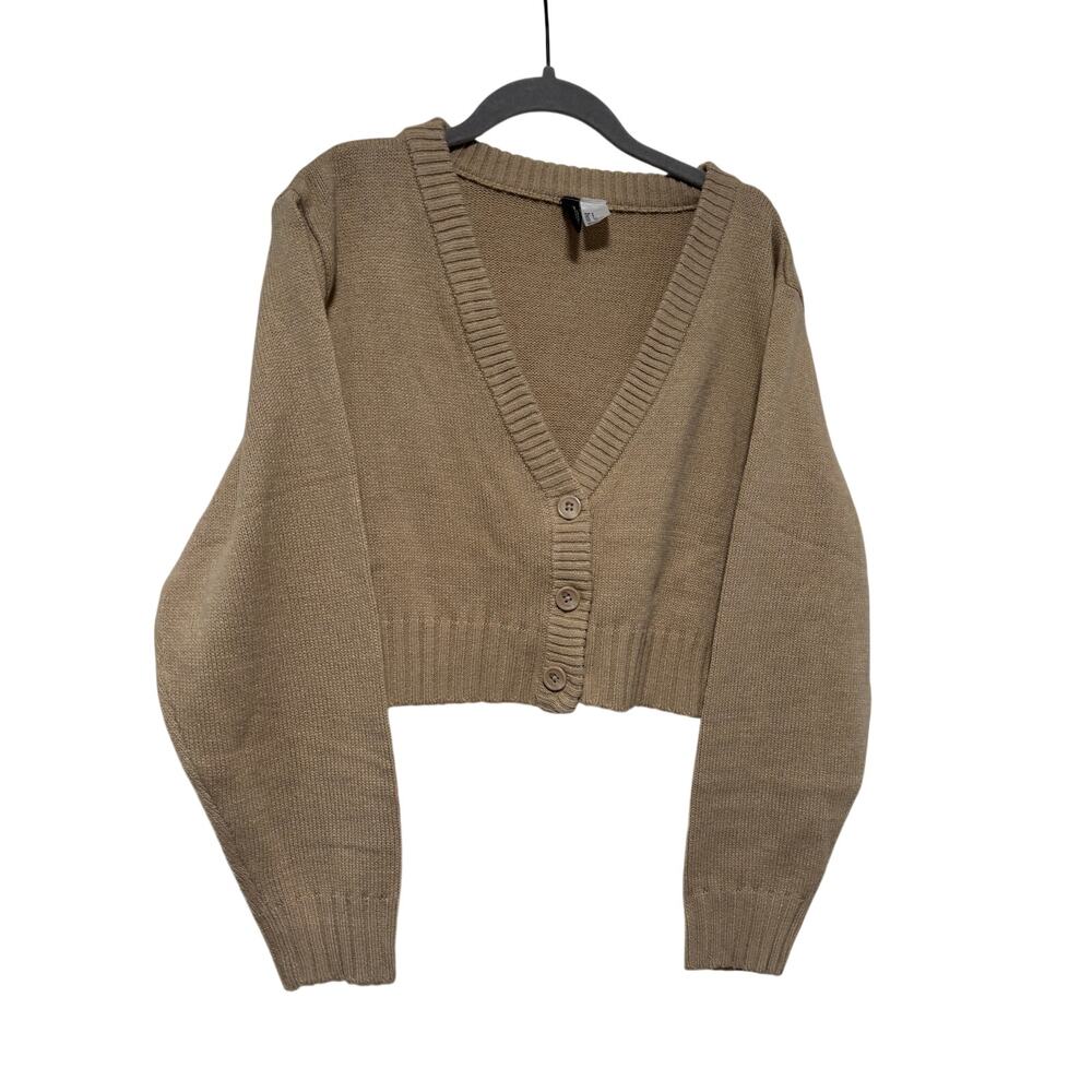 H&M Divided Beige Cropped Button Front Cardigan Women’s Balloon Sleeve - Picture 4 of 9
